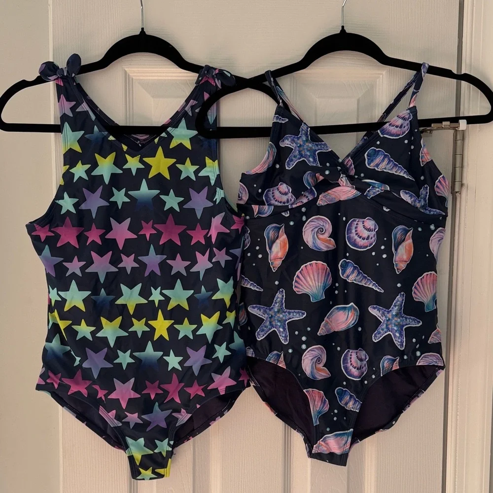 Land’s End: Two XL Kids One-Piece Swimsuits- Navy Star & Seashell Prints